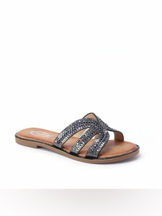 Italina H Pewter Black Rhinestone Embellished Padded Comfort Slide Sandals
